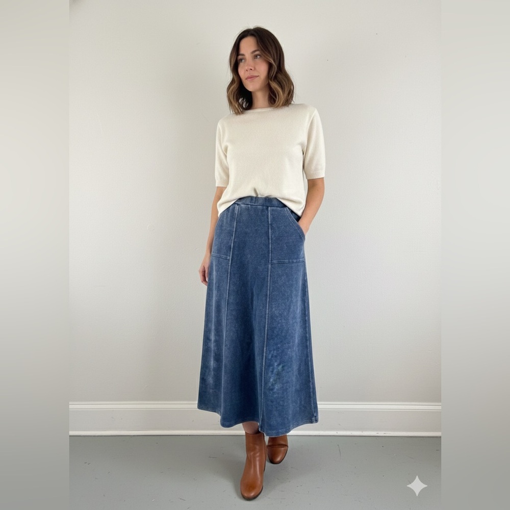 NWT Duet Dark Denim Wash Panel Pocket Midi Skirt – Size S